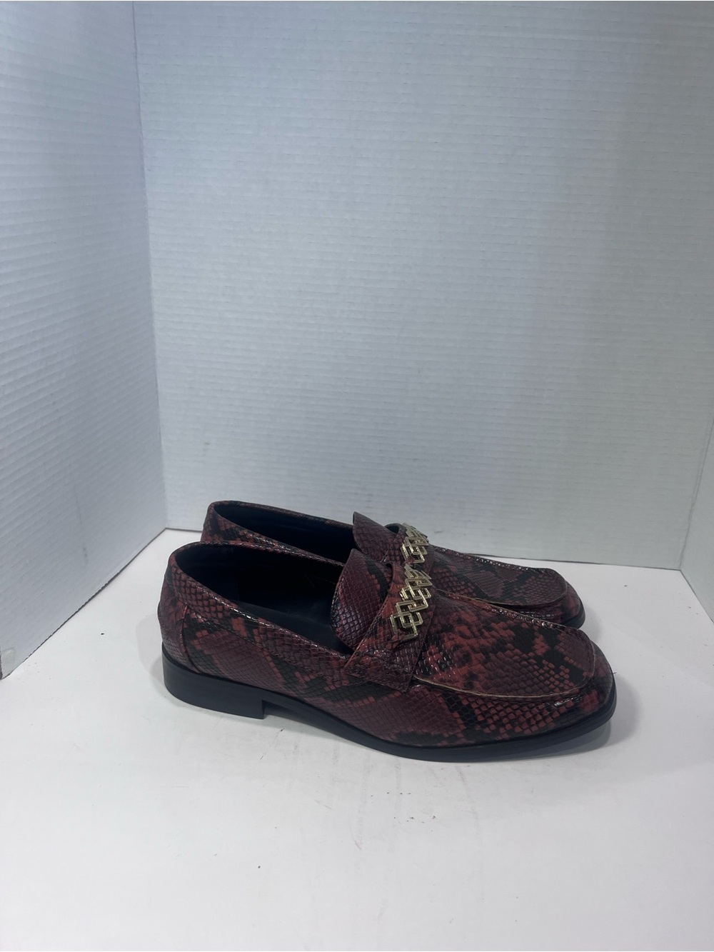 ASOS Burgundy Snake-Print Loafers with Gold Chain